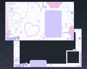 Cute Notebook Static Stream Overlays | Gaming Overlays | Just Chatting Overlays | Cozy Coworking Overlay | Vtuber Asset | Pink | Purple