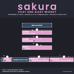 May include: A pink and white chat and alert widget with a sakura theme. The widget displays various alerts, including a subscription, a cheer, and a message about an epic clutch moment. The widget is customizable with options for colors, pronouns, integrated alerts, and horizontal or vertical scroll.
