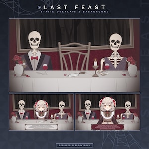 Könnte beinhalten: Eine digitale Illustration einer gruseligen Dinerszene mit zwei Skeletten in formeller Kleidung, die an einem Tisch mit einem Messer, Weingläsern und Rosen sitzen. Der Text "Last Feast" befindet sich oben im Bild. Der Text "Designed by Spookysony" befindet sich unten im Bild.