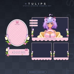 Tulips Static Stream Set | Webcam Frames | Chatbox Frames | Twitch Panels | Vtuber Assets | Cute Cottagecore Purple Pink Floral Scenes