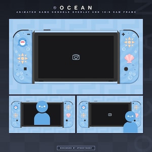 May include: A blue and white Nintendo Switch console overlay with an ocean theme. The overlay features a shark, a seashell, and a sun. The text "OCEAN" is at the top of the overlay. The text "ANIMATED GAME CONSOLE OVERLAY AND 16:9 CAM FRAME" is below the "OCEAN" text. The text "DESIGNED BY SPOOKYSONY" is at the bottom of the overlay.