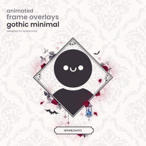 May include: Animated frame overlays with a gothic minimal design. The image features a black avatar with a smiling face inside a diamond-shaped frame, surrounded by bats, roses, and a lantern. The text "animated frame overlays gothic minimal" is at the top.