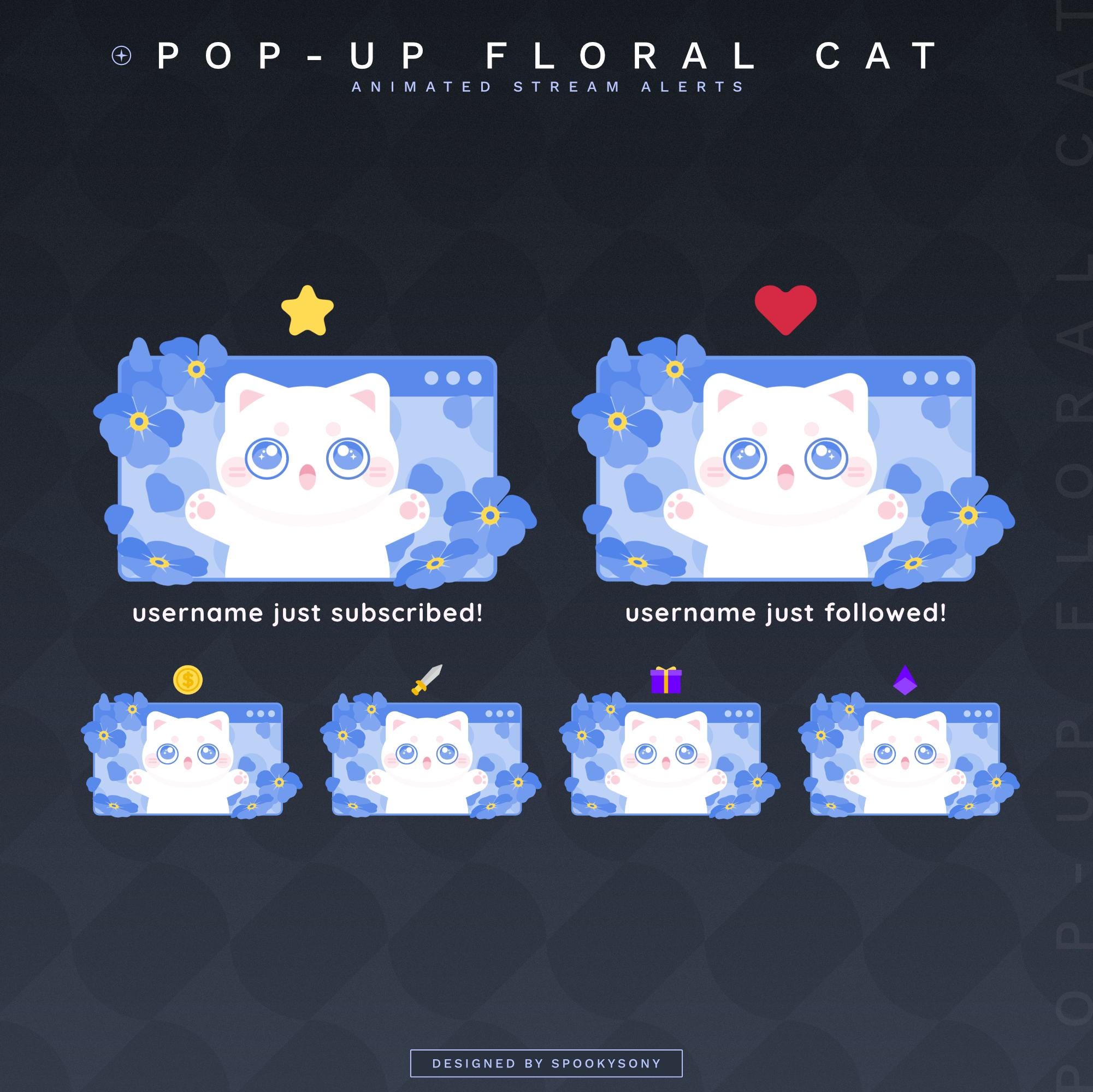 Pop-Up Floral Cat Alerts x6 | Animated | Static Alerts | Twitch Alerts | Vtuber Alerts | Vtuber Assets | Cat | Forget-Me-Not | Blue