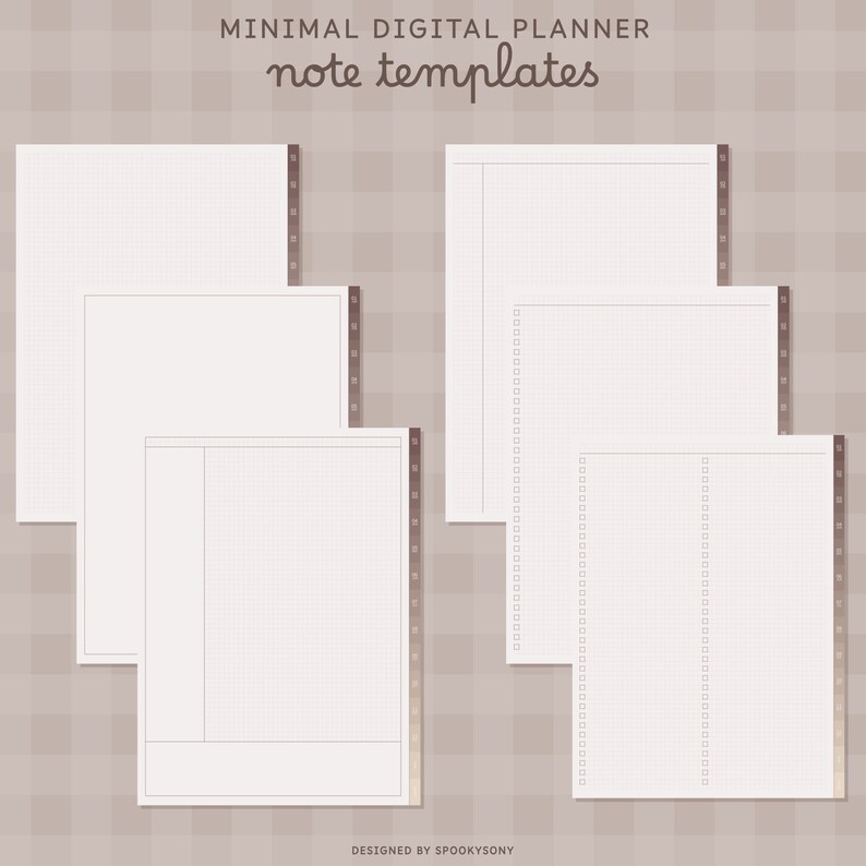 May include: Four digital planner note templates with a grid pattern. The templates are designed for use with a digital planner app. The text "MINIMAL DIGITAL PLANNER note templates" is at the top of the image. The text "DESIGNED BY SPOOKYSONY" is at the bottom of the image.