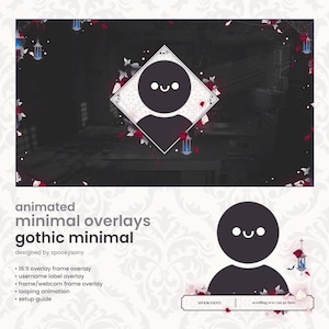 May include: Animated minimal overlays with a gothic minimal theme. The design includes a dark background with a central diamond-shaped graphic featuring a smiling face. Red roses and lanterns decorate the edges. Text on the image reads "animated minimal overlays gothic minimal".
