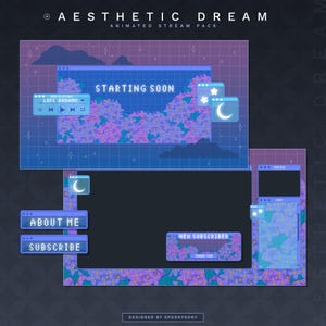 Pacchetto streaming animato Aesthetic Dream / Overlay di chat di gioco / Pannelli Twitch / Avvisi animati / Schermate Hydrangea / Vtuber