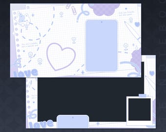 Cute Notebook Static Stream Overlays | Gaming Overlays | Just Chatting Overlays | Cozy Coworking Overlay | Vtuber Asset | Blue | Purple