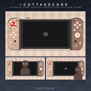 May include: A digital game console overlay with a cottagecore theme. The overlay features a brown and white checkered background with a mushroom and flower design. The overlay is designed for use with a Nintendo Switch console.