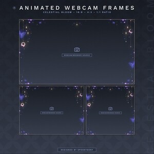 May include: Animated webcam frames with a celestial bloom design. The frames feature a dark blue background with purple butterflies, crescent moons, and gold accents. Text includes "Animated Webcam Frames", "Celestial Bloom", and "Designed by Spookysony".