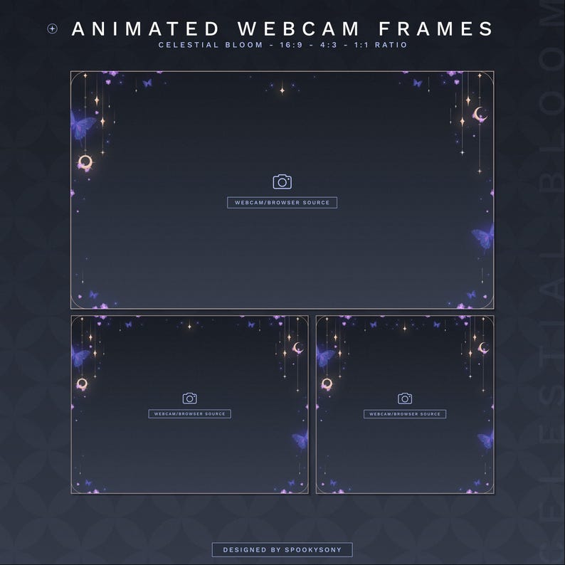 May include: Animated webcam frames with a celestial bloom design. The frames feature a dark blue background with purple butterflies, crescent moons, and gold accents. Text includes "Animated Webcam Frames", "Celestial Bloom", and "Designed by Spookysony".