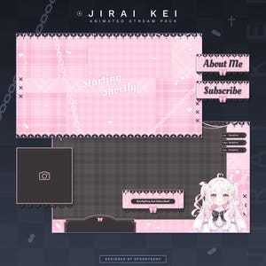May include: A pink and black animated stream pack with a checkered background, chains, hearts, and the text "Starting Shortly". The pack includes buttons for "About Me" and "Subscribe".