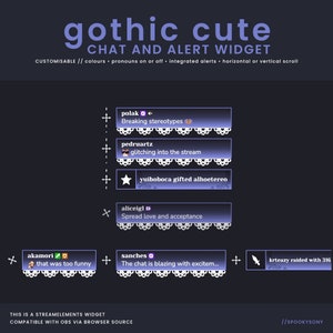 May include: A purple and white gothic-themed chat and alert widget for Twitch or YouTube. The widget features a lace design and includes text such as "Breaking stereotypes", "glitching into the stream", "Spread love and acceptance", and "The chat is blazing with excitement..."