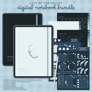 Cute Digital Notebook Bundle | Digital Stickers | Planner Templates | Hyperlinked Notebook | 12 Sections | Dark Mode | Lily of the Valley