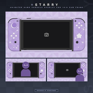 May include: A purple Nintendo Switch console with a starry design. The console has a white moon and stars on the left joy-con and a white star on the right joy-con. The console is on a purple and white background.