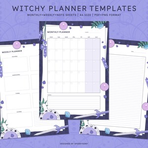 Könnte beinhalten: Ein Satz druckbarer Planer-Vorlagen mit einem Hexen-Thema. Die Vorlagen beinhalten einen Monatskalender, einen Wochenplaner und Notizblätter. Das Design zeigt Lavendel, Kristalle und einen zunehmenden Mond.