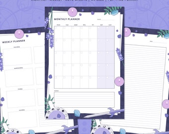 May include: A set of printable planner templates with a witchy theme. The templates include a monthly calendar, a weekly planner, and note sheets. The design features lavender, crystals, and a crescent moon.