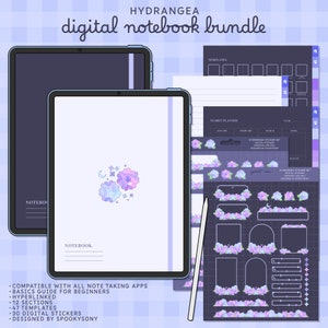May include: A digital notebook bundle with a purple and blue hydrangea theme. The bundle includes a digital notebook, templates, a yearly planner, and sticker sets. The notebook cover features a purple and blue hydrangea with a crescent moon and stars. The sticker sets include hydrangeas, frames, and borders.