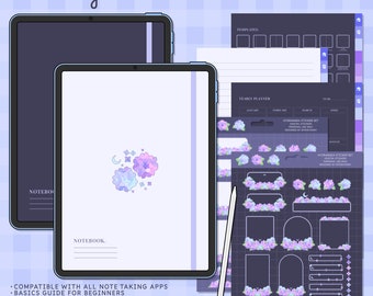 Cute Digital Notebook Bundle | Digital Stickers | Planner Templates | Hyperlinked Notebook | 12 Sections | Kawaii | Dark Mode | Hydrangea