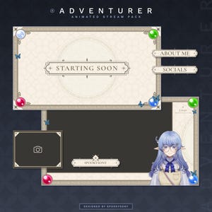 May include: A light blue animated stream pack for Twitch or YouTube with a whimsical design. The pack features a light blue character with elf ears and glasses, a chat box, a starting soon screen, and social media buttons. The design includes a light blue, white, and gold color scheme with butterflies and a decorative border.