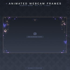 May include: Animated webcam frames with a celestial bloom design. The frame features a dark blue background with gold accents, butterflies, and crescent moons. Text includes "Animated Webcam Frames", "Celestial Bloom", and "Webcam/Browser Source". Designed by Spookysony.