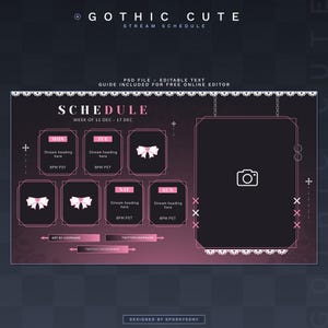 Peut inclure: Un modèle de planning de diffusion en direct de style gothique noir et rose avec une bordure en dentelle. Le modèle comprend un planning pour chaque jour de la semaine, avec un espace pour un titre de diffusion, une heure et une icône de nœud rose. Le modèle comprend également un espace pour une icône d'appareil photo et des noms d'utilisateurs de médias sociaux.