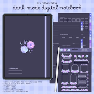 May include: A dark-mode digital notebook featuring a hydrangea flower design. The notebook includes templates, a yearly planner, a monthly planner, and a set of digital stickers. The text "NOTEBOOK." is at the bottom of the notebook cover.