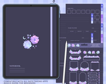 Cute Digital Notebook | Digital Stickers | Planner Templates | Hyperlinked Digital Notebook | 12 Sections | Kawaii | Dark Mode | Hydrangea