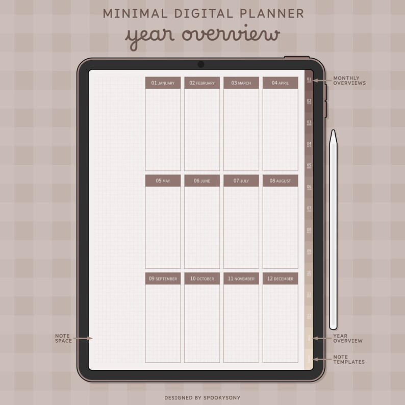 May include: A digital planner template for a year overview. The template is divided into 12 sections, one for each month of the year. Each section has a grid for notes and a space for monthly overviews. The template also includes a section for year overview, notes, and templates.