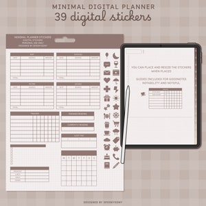 May include: A digital planner with 39 digital stickers for use with Goodnotes, Notability, and Noteful. The stickers are brown and include icons such as a cup of coffee, a heart, a star, a snowflake, a shopping cart, a cloud, a clock, a phone, and a pencil. The planner has sections for debt, expenses, income, savings, tracker, finished reading, currently reading, sleep time, and a weekly calendar.