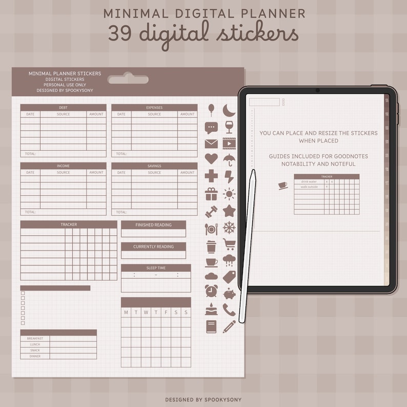 May include: A digital planner with 39 digital stickers for use with Goodnotes, Notability, and Noteful. The stickers are brown and include icons such as a cup of coffee, a heart, a star, a snowflake, a shopping cart, a cloud, a clock, a phone, and a pencil. The planner has sections for debt, expenses, income, savings, tracker, finished reading, currently reading, sleep time, and a weekly calendar.
