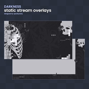May include: Black and white digital art overlay for Twitch streams. The overlay features a skeletal ribcage with the text "look inside" and a skull with the text "tell me your thoughts..."