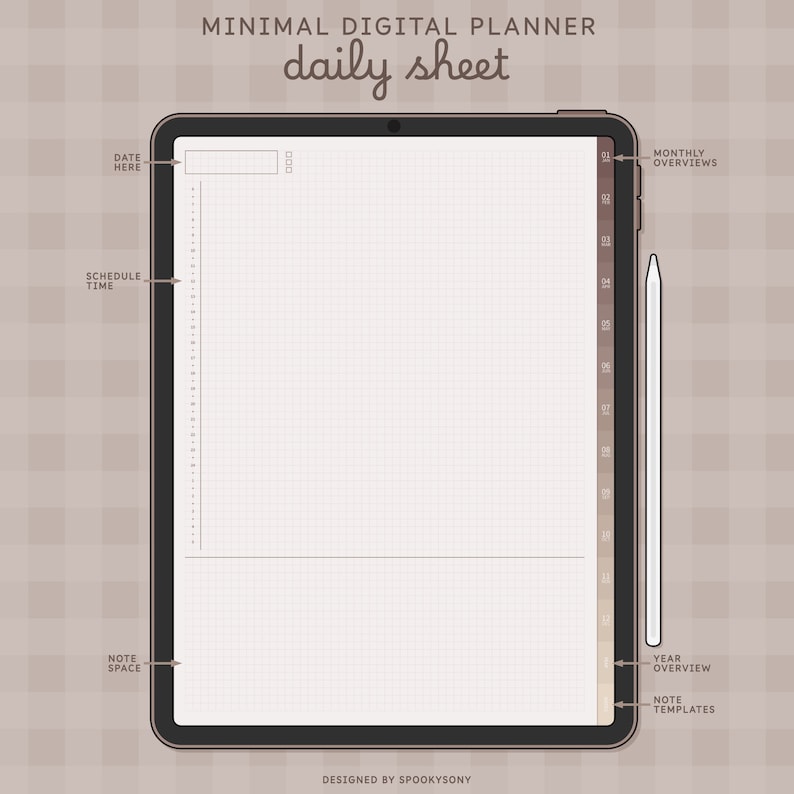May include: A digital planner template for a tablet, with a gridded daily sheet, a section for notes, and a side column for monthly and yearly overviews. The template is designed in a minimalist style with a light brown background.