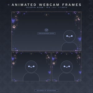 May include: Animated webcam frames with a celestial bloom design. The frames are dark blue with purple butterflies, gold stars, and crescent moons. The text "Animated Webcam Frames" and "Celestial Bloom" are at the top. The text "Webcam/Browser Source" is in the center.