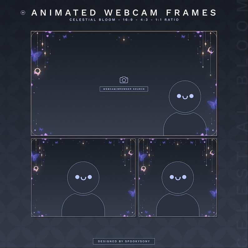 May include: Animated webcam frames with a celestial bloom design. The frames are dark blue with purple butterflies, gold stars, and crescent moons. The text "Animated Webcam Frames" and "Celestial Bloom" are at the top. The text "Webcam/Browser Source" is in the center.