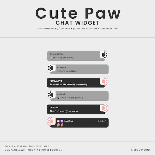 Cute Paw Chat Widget |  Color Customizable | Simple and Minimal StreamElements Chat Widget for Twitch