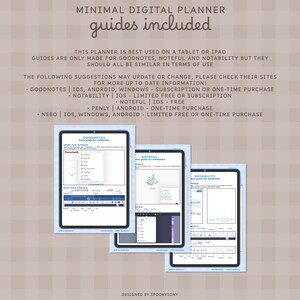 May include: A digital planner guide for Goodnotes, Noteful, and Notability apps. The guide includes instructions for importing notebooks, basic tools overview, and document management. The apps are compatible with iOS, Android, and Windows devices.