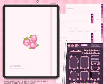 Cute Digital Notebook | Digital Stickers | Hyperlinked Digital Notebook | 12 Sections Digital Notebook | Planner | Kawaii | Pink Peony