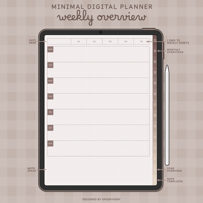 May include: A digital planner app interface with a weekly overview. The screen shows a grid with days of the week labeled from Monday to Sunday. The right side of the screen has a column for notes, links to weekly sheets, and monthly overviews. The app is designed by Spookysony.