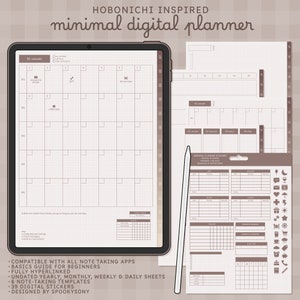 May include: A digital planner inspired by Hobonichi, featuring a monthly calendar page with a grid layout and a separate page with stickers for planning. The planner is compatible with all note-taking apps and includes a basics guide for beginners. The text "HOBONICHI INSPIRED minimal digital planner" is at the top of the image.