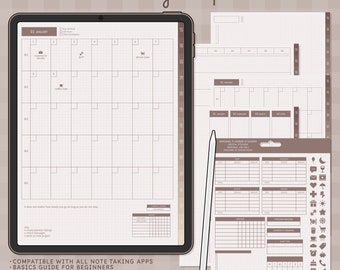 Undated Minimal Planner | Hobonichi Inspired | Digital Stickers | Fully Hyperlinked | Daily, Weekly, Monthly, Yearly, Note Pages | Mocha