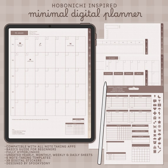 Undated Minimal Planner | Hobonichi Inspired | Digital Stickers | Fully Hyperlinked | Daily, Weekly, Monthly, Yearly, Note Pages | Mocha