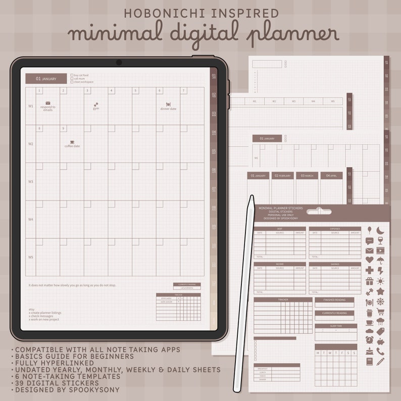 May include: A digital planner inspired by Hobonichi, featuring a monthly calendar page with a grid layout and a separate page with stickers for planning. The planner is compatible with all note-taking apps and includes a basics guide for beginners. The text "HOBONICHI INSPIRED minimal digital planner" is at the top of the image.