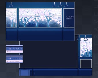 May include: A blue animated stream pack with a night train theme. The pack includes a starting screen with a view of a train window with a cherry blossom tree outside, a chat box, and a new subscriber alert. The text "NIGHT TRAVELER" is at the top of the screen.