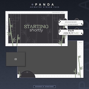 Peut inclure: Un pack de diffusion animé en noir et blanc sur le thème du panda. Le pack comprend un écran de démarrage, une alerte de nouveau abonné et un panneau à propos de moi. Le design présente des plantes de bambou et un motif géométrique.