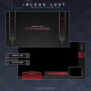 Pacote de transmissão animada Blood Lust | Sobreposições de bate-papo para jogos | Painéis Twitch | Alertas animados | Telas de Vampiros Góticos | Ativos Vtuber