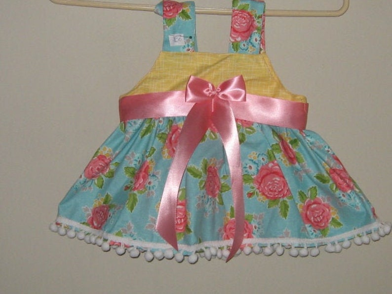 Pom Pom Trim Satin Ribbons Boho Style 3-6 Month Size Baby Girl Dress Up Party Dress Made of Riley Blake Designer Cotton Adjustable Strap