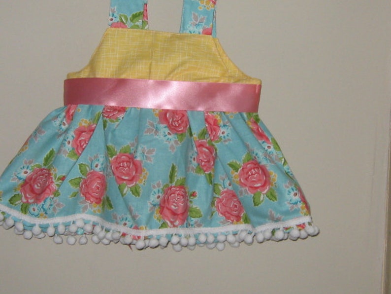 Pom Pom Trim Satin Ribbons Boho Style 3-6 Month Size Baby Girl Dress Up Party Dress Made of Riley Blake Designer Cotton Adjustable Strap