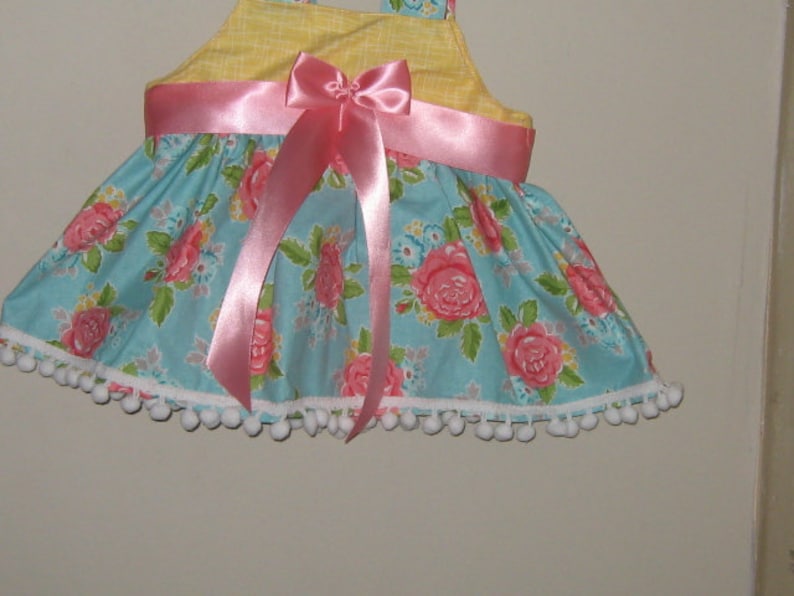 Pom Pom Trim Satin Ribbons Boho Style 3-6 Month Size Baby Girl Dress Up Party Dress Made of Riley Blake Designer Cotton Adjustable Strap