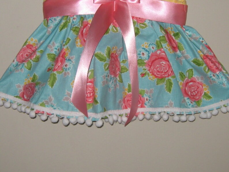 Pom Pom Trim Satin Ribbons Boho Style 3-6 Month Size Baby Girl Dress Up Party Dress Made of Riley Blake Designer Cotton Adjustable Strap