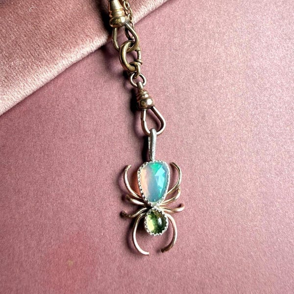 Handmade Antique Edwardian Inspired Spider Charm Peridot and Opal Pendant